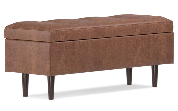 Simpli Home Mid Century Rectangular Storage Ottoman In Distressed Saddle Brown