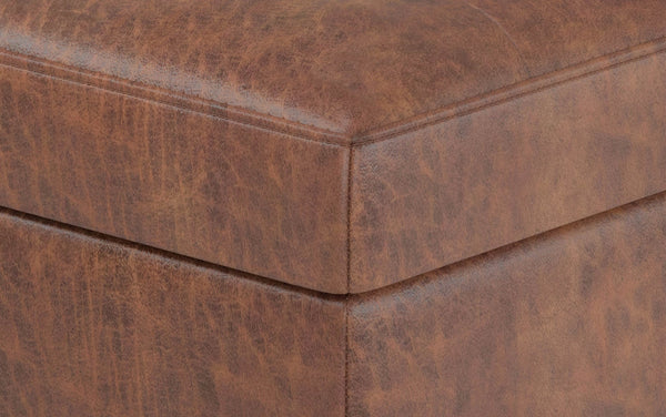 Simpli Home Mid Century Rectangular Storage Ottoman In Distressed Saddle Brown