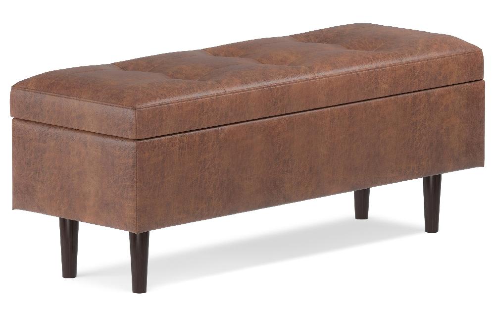 simpli home Mid Century Rectangular Storage Ottoman in Distressed Saddle Brown