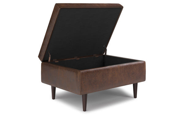 Simpli Home Mid Century Small Coffee Table Storage Ottoman In Distressed Vegan Leather