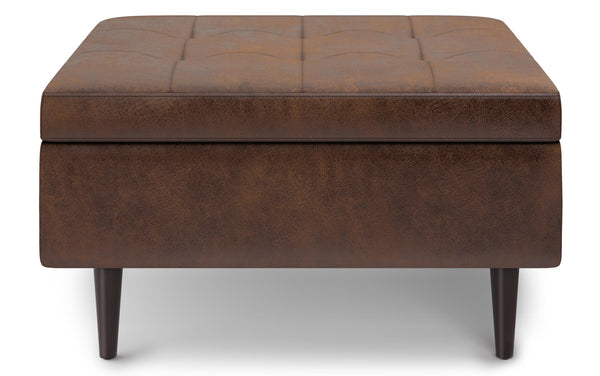 Simpli Home Mid Century Small Coffee Table Storage Ottoman In Distressed Vegan Leather