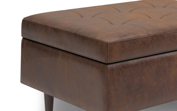 Simpli Home Mid Century Small Coffee Table Storage Ottoman In Distressed Vegan Leather