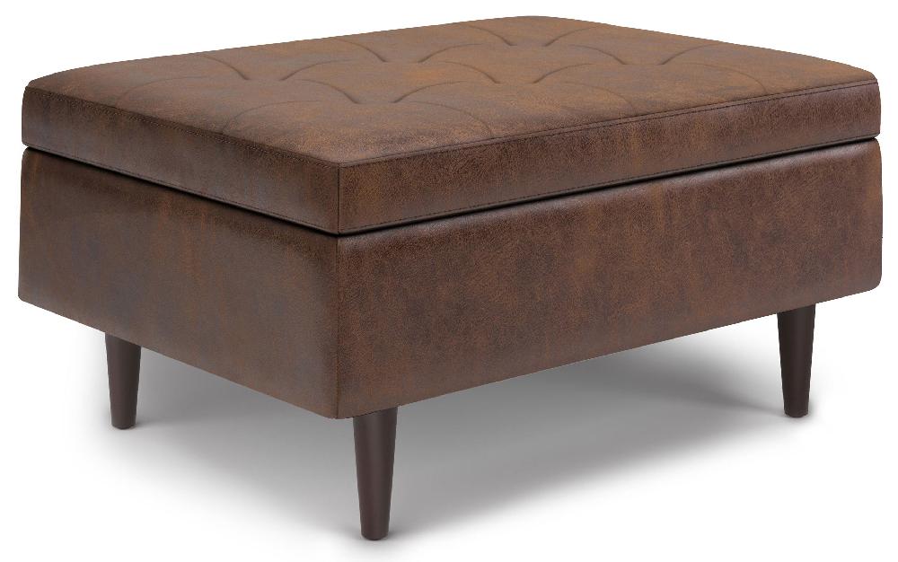 simpli home Mid Century Small Coffee Table Storage Ottoman in Distressed Vegan Leather