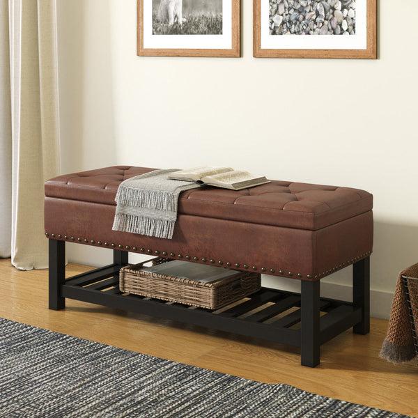 Simpli Home Ottoman Bench In Distressed Vegan Leather