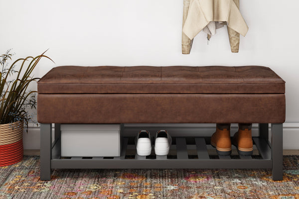 Simpli Home Ottoman Bench In Distressed Vegan Leather