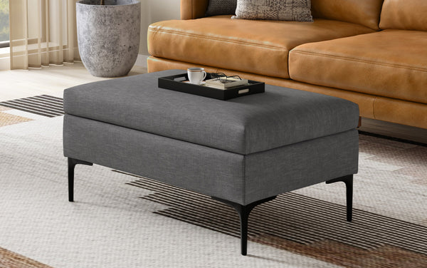 Simpli Home Rectangular Coffee Table Storage Ottoman With Lift Up Lid In Linen Style Fabric