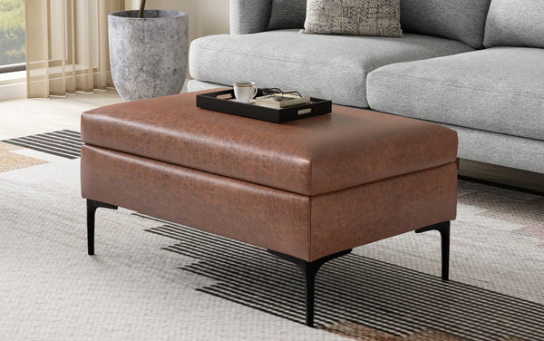 Simpli Home Rectangular Coffee Table Storage Ottoman With Lift Up In Distressed Vegan Leather