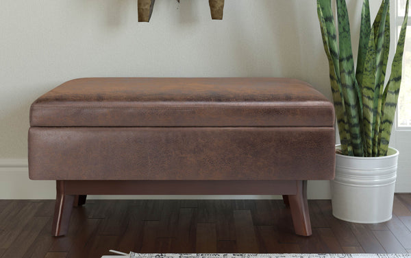 Simpli Home Small Rectangular Storage Ottoman In Distressed Vegan Leather