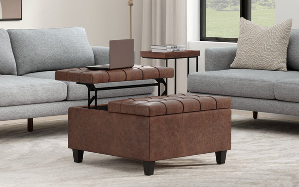 Simpli Home Small Square Coffee Table Storage Ottoman In Distressed Vegan Leather