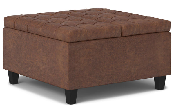 Simpli Home Small Square Coffee Table Storage Ottoman In Distressed Vegan Leather
