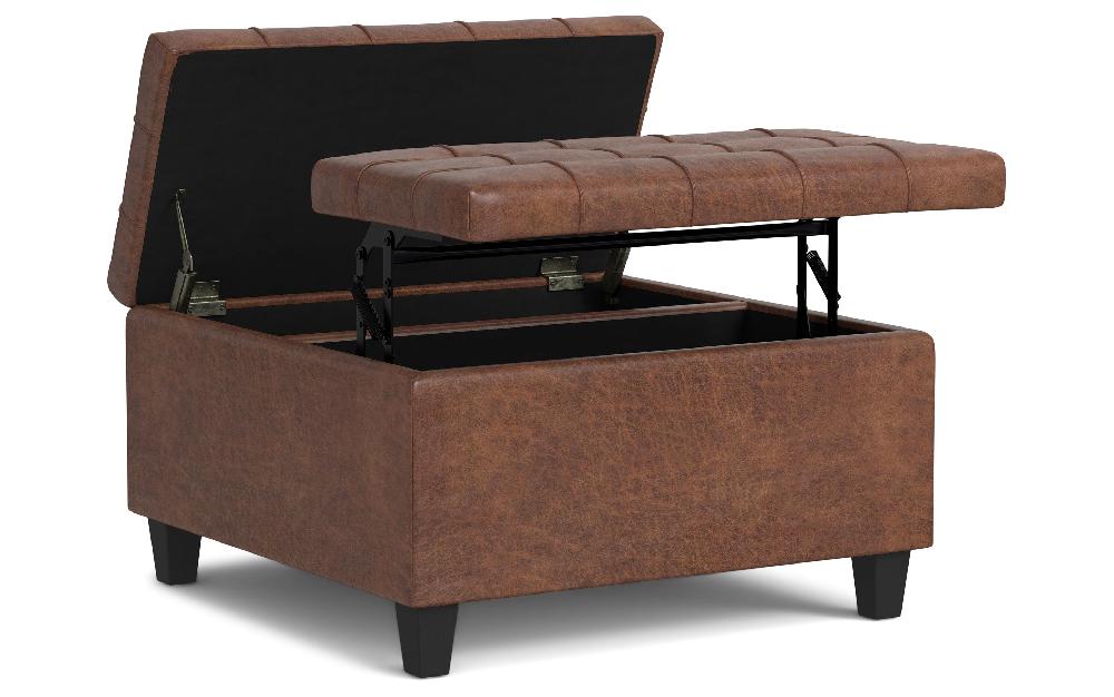 simpli home Small Square Coffee Table Storage Ottoman in Distressed Vegan Leather