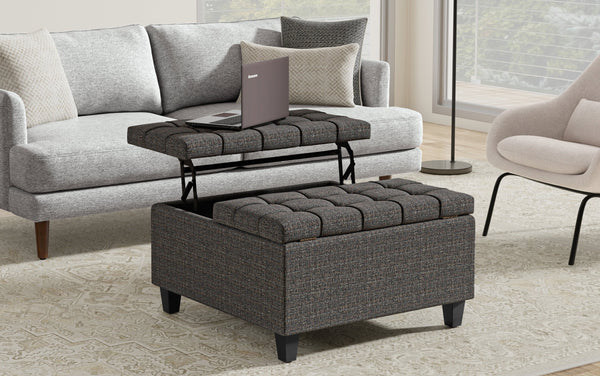 Simpli Home Small Square Coffee Table Storage Ottoman In Tweed Style Fabric