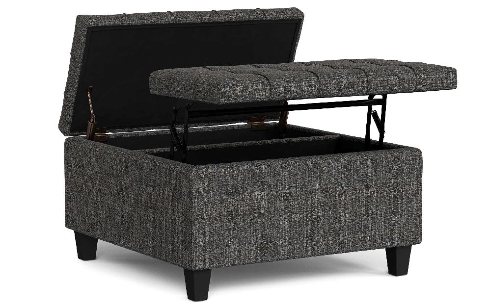 simpli home Small Square Coffee Table Storage Ottoman in Tweed Style Fabric