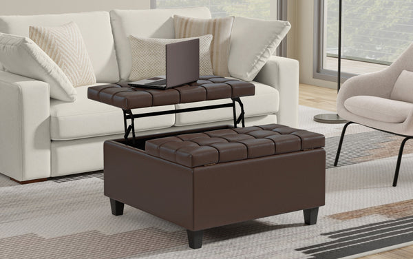 Simpli Home Small Square Coffee Table Storage Ottoman In Vegan Leather