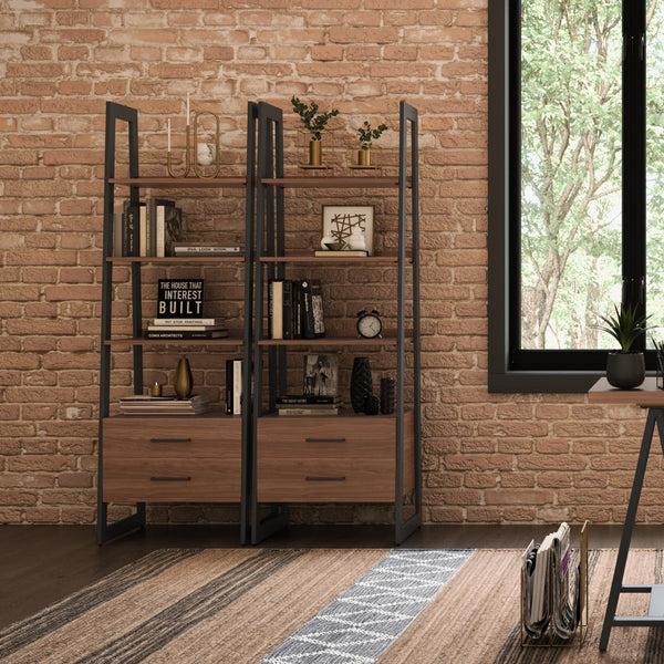 Simpli Home Solid Walnut Veneer And Metal Ladder Shelf With Storage