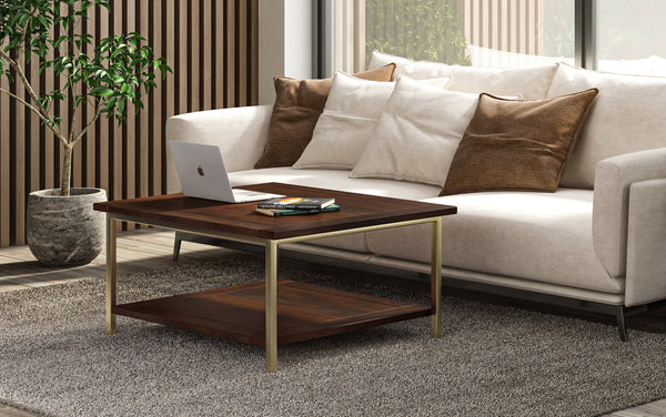 Simpli Home Square Coffee Table In Dark Brown And Gold