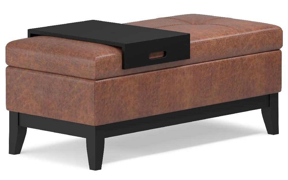 simpli home Storage Ottoman Bench with Tray in Distressed Vegan Leather