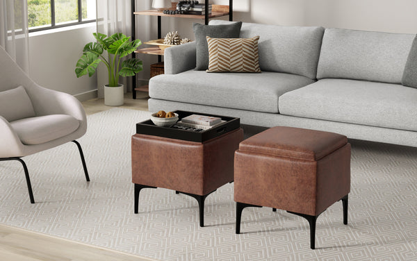Simpli Home Storage Ottoman With Tray In Distressed Vegan Leather