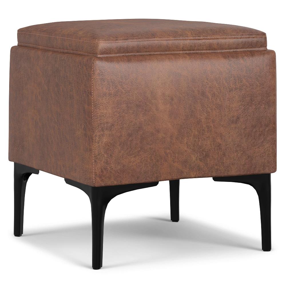 simpli home Storage Ottoman with Tray in Distressed Vegan Leather