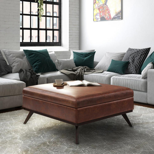 Simpli Home XL Square Coffee Table Storage Ottoman In Distressed Vegan Leather