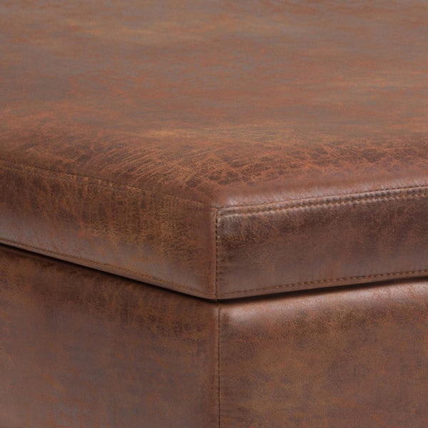 Simpli Home XL Square Coffee Table Storage Ottoman In Distressed Vegan Leather