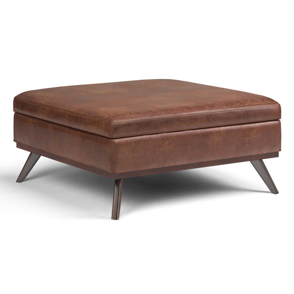 simpli home XL Square Coffee Table Storage Ottoman in Distressed Vegan Leather
