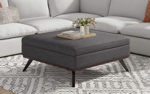 Simpli Home XL Square Coffee Table Storage Ottoman In Linen Style Fabric