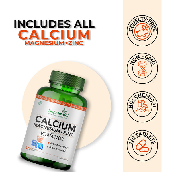 Simply Herbal Simply Herbal Calcium Magnesium Zinc With Vitamin D3 & B12 – Bone & Immune Support – 120 Tablets