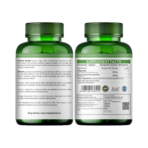 Simply Herbal Simply Herbal Ginkgo Biloba With Brahmi 500mg - 90 Capsules