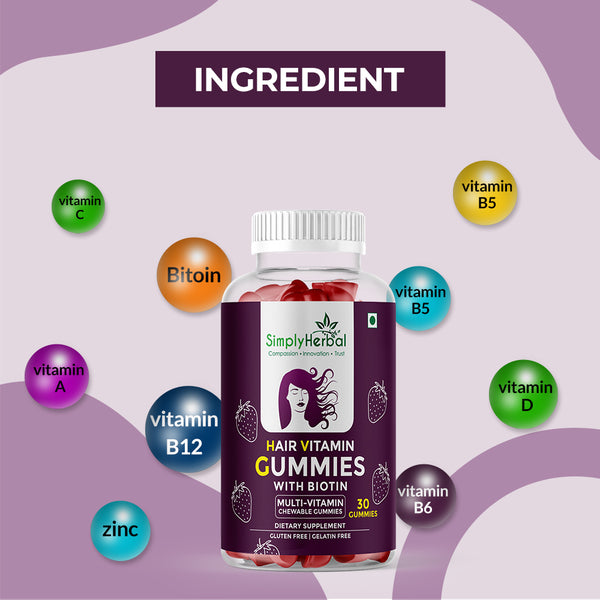 Simply Herbal Simply Herbal Hair Vitamin Gummies With Biotin Keratin & Vitamin A C D E B5 B6 B12 -30 Gummies