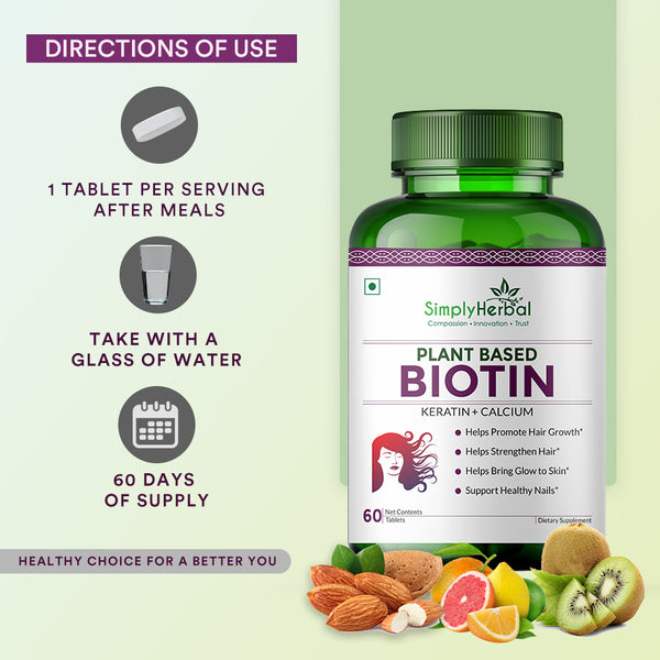 Simply Herbal Simply Herbal Plant-Based Biotin With Keratin+Calcium For Hair Nail Skin -60 Tablets