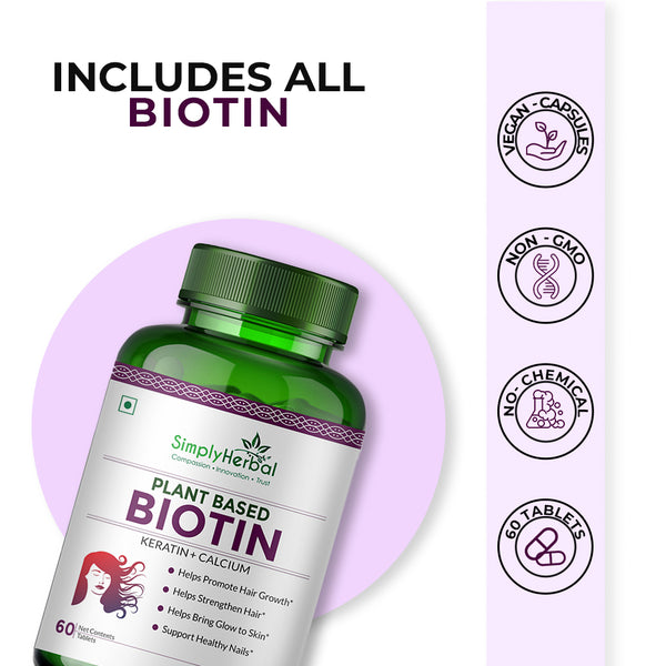 Simply Herbal Simply Herbal Plant-Based Biotin With Keratin+Calcium For Hair Nail Skin -60 Tablets