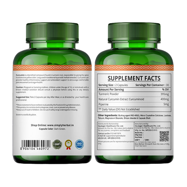 Simply Herbal Simply Herbal Pure Turmeric Curcumin & Piperine Extract 800mg- 60 Capsules