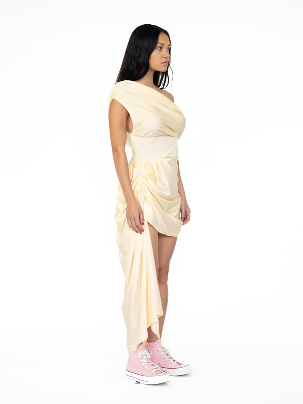 Sinead Gorey Butter Yellow- Sheen Draped Asymmetrical Dress