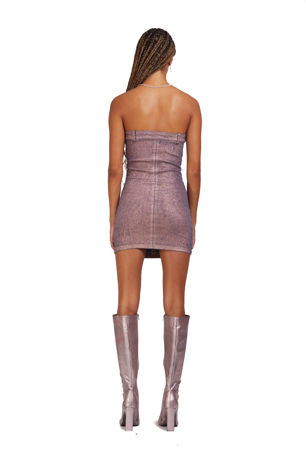 Sinead Gorey Distressed Metallic Denim Patch-work Pocket Mini-Dress