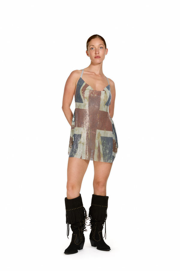Sinead Gorey Distressed Union Jack Flag Printed Chainmail Mini Dress