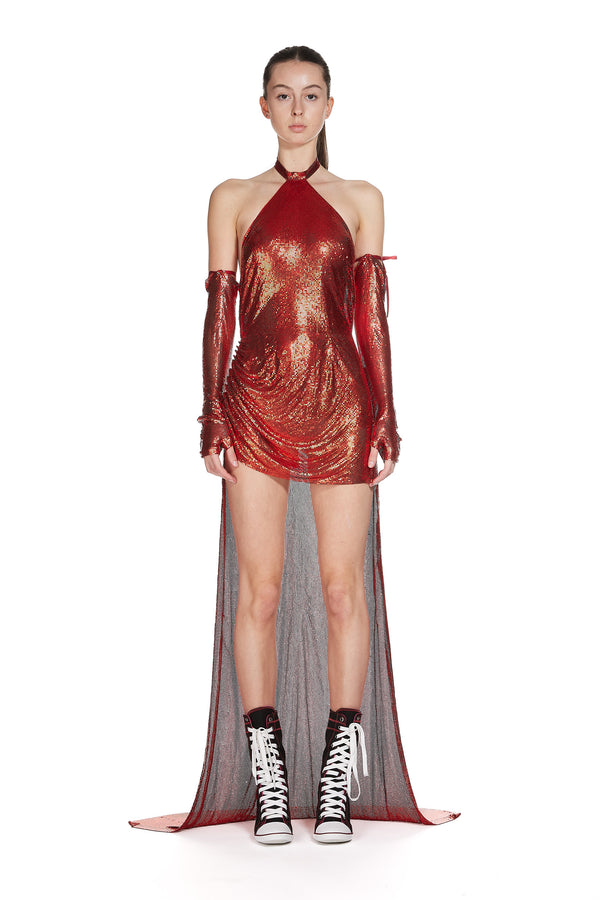 Sinead Gorey Draped Backless Chainmail Dress With High-low Hem