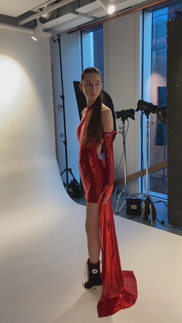 Sinead Gorey Draped Backless Chainmail Dress With High-low Hem