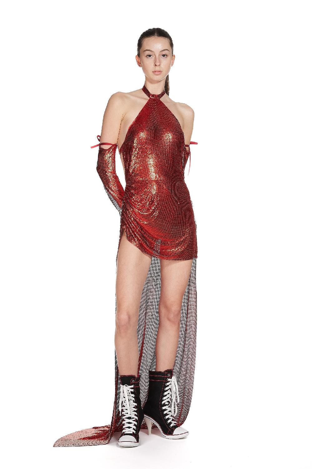 sinead gorey Draped Backless Chainmail Dress with High-low Hem