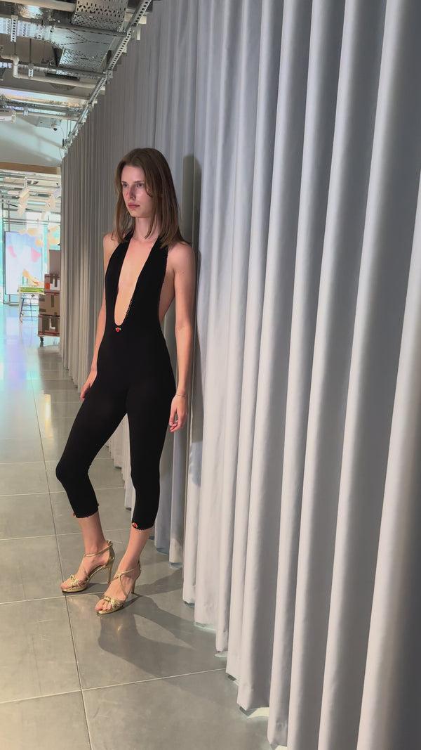 Sinead Gorey “English Rose” Halter-Neck Capri Jumpsuit In Black With Tricot Trim