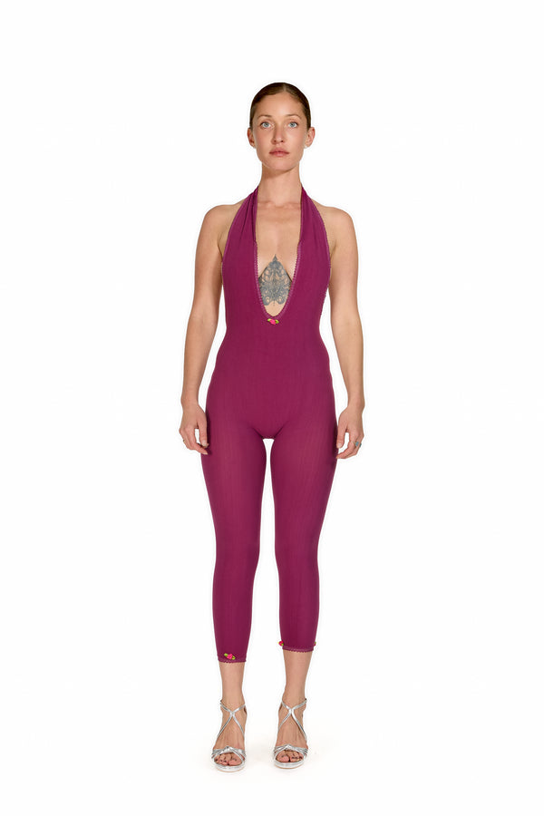 Sinead Gorey “English Rose” Halter-Neck Capri Jumpsuit In Fuschia With Tricot Trim