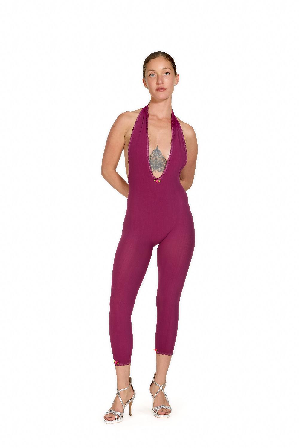 sinead gorey “English Rose” Halter-Neck Capri Jumpsuit in Fuschia with Tricot Trim