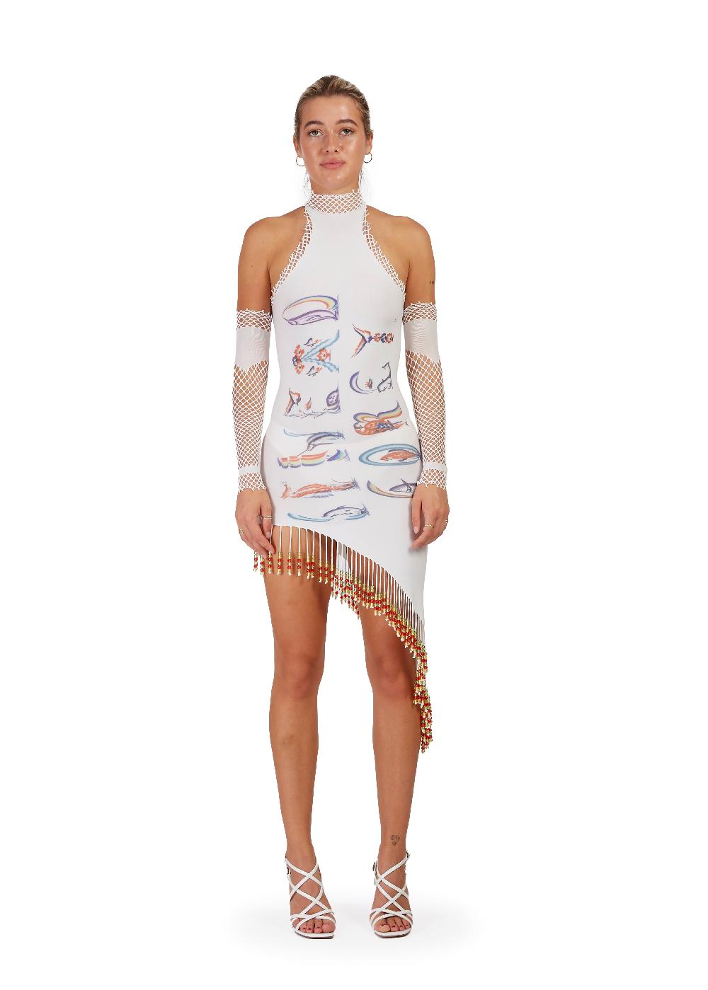 sinead gorey Hand-Beaded Fish Print Dress with Gloves
