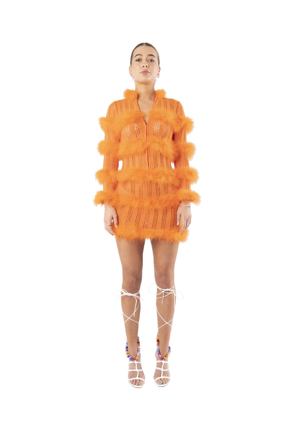 sinead gorey Hole-Punch Knitted Dress with Feather Trim