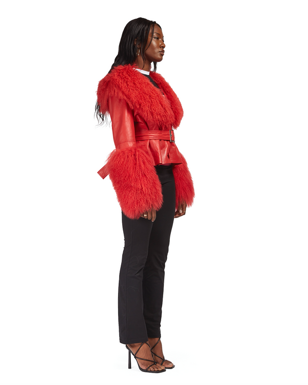 Sinead Gorey Leather Cropped Coat With Mongolian Fur Trim