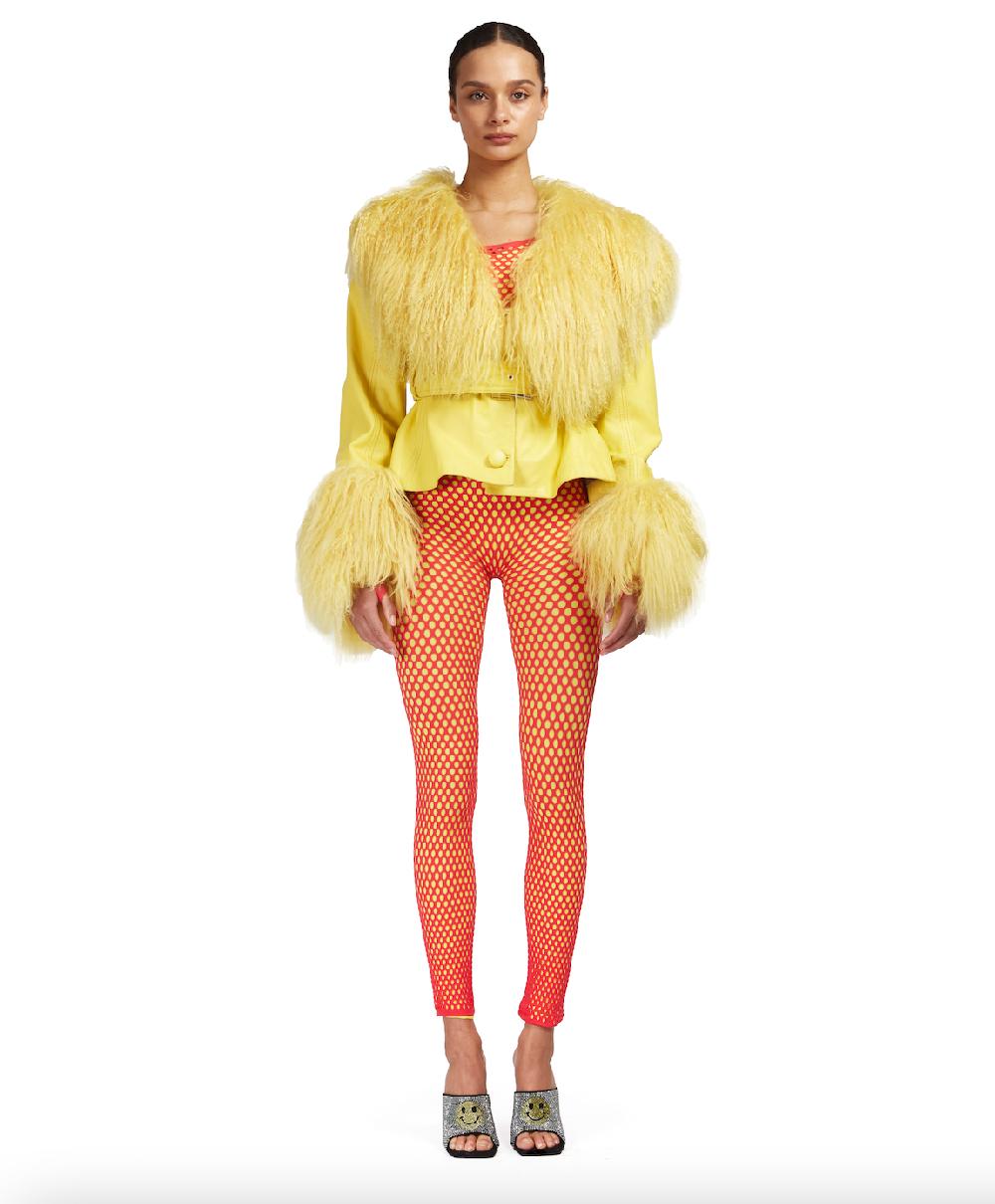 sinead gorey Leather Cropped Coat With Mongolian Fur Trim