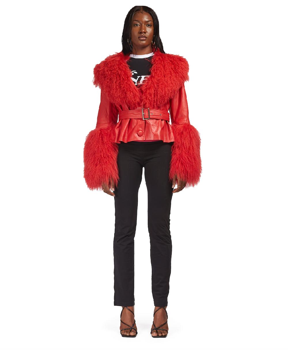 sinead gorey Leather Cropped Coat With Mongolian Fur Trim