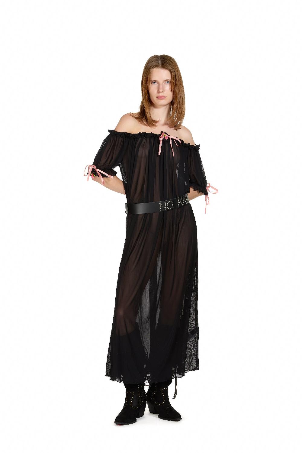 sinead gorey Mesh Milk-Maid Maxi Dress with Rose Trim