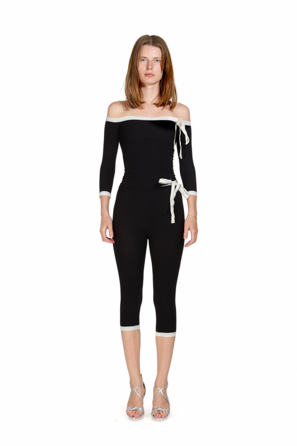 Sinead Gorey Off The Shoulder Black Top With Bow Detail And Matching Capri-Pants
