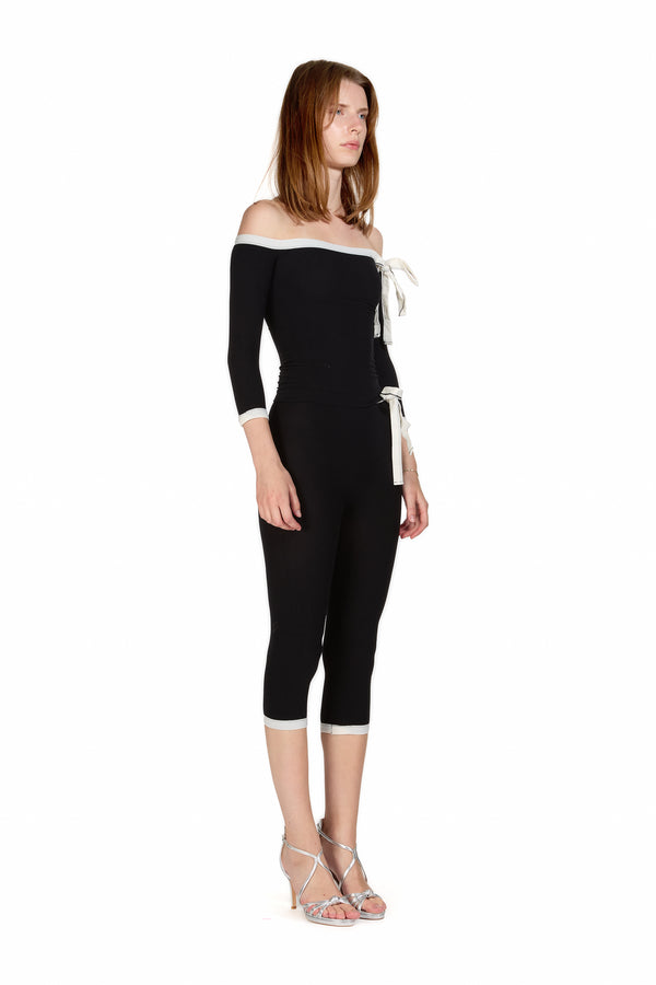 Sinead Gorey Off The Shoulder Black Top With Bow Detail And Matching Capri-Pants